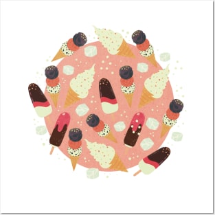 Pattern with the yummiest ice cream cones and popcicles pink background Posters and Art